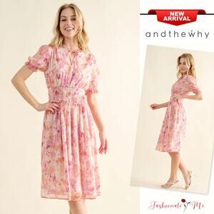 And The Why Smocked Waist Detail Printed Short Sleeves Midi Dress | Pink